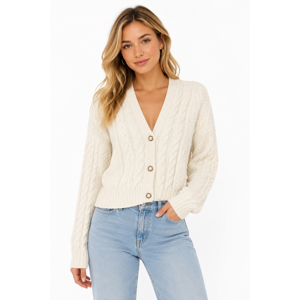 Abercrombie & Fitch Cardigan Womens XS Ivory Excellent Cable Knit Pearl Button
